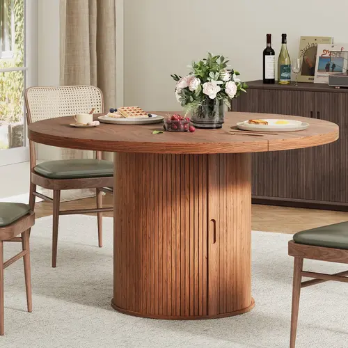 【SummerFinds】ONBRILL 47 inch Round Dining Table for 4, Circle Kitchen Table with 2-Layer Storage Shelf and a Drawer, Modern Farmhouse Dinner Tables with Sliding Door and Wood Strip Base for Kitchen, Living Room,dorm essentials,home decor