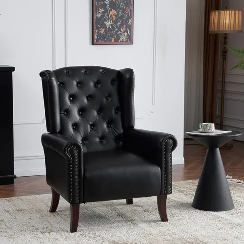 MOJAY Midcentury Modern PU Leather Single Armchair - Fully Padded, Supportive Sitting Accent Chair with Studded Trim, Armrest, Solid Back, Solid Wood Legs for Living Room, Bedroom