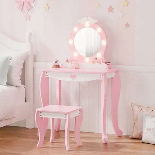 Kids Vanity Set with Lighted Mirror, Stool, Storage Space, Drawer Vanity Table - Wing Pattern Indoor Furniture, LED Lights, Tabletop Storage, Wipes Clean Fast for Little Girls, Playroom, Birthdays, Makeup Dresser Organizer