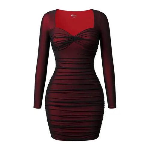 HYZ Women's Sexy Bodycon Long Sleeve Sweetheart Neck Color Block Mesh Ruched Mini Party Dress