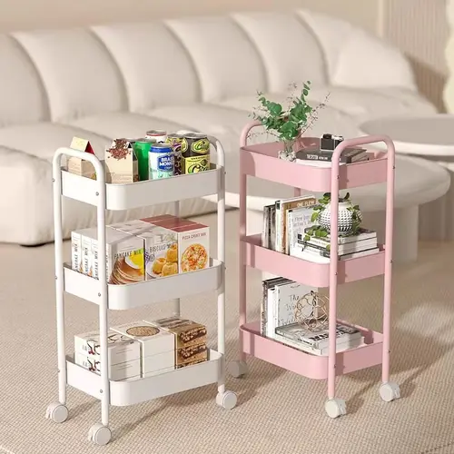 Heavy Duty Metal Mesh 3-Tier Rolling Storage Cart with Lockable Wheels, 66lbs Max Capacity - Cart with Wheels, Bathroom Organizer, Closet Organizer for Kitchen, Office, Garage - Storage Organization, Apartment Accessories, Pink