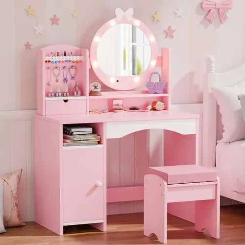 Kids Vanity Table and Chair Set – Princess Girls Vanity Set with Mirror, Lights, Jewelry Storage, and Cushioned Stool, Toddler Makeup Vanity for Little Girls,dorm essentials,home decor