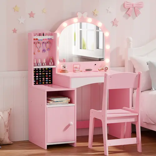 Kids Wooden Vanity Set - 2-in-1 Toddler Princess Dressing Table with Mirror, Chair, Jewelry Storage, Built-in Organizer, Vanity with Lights, Assembly Required for Holidays, Birthdays