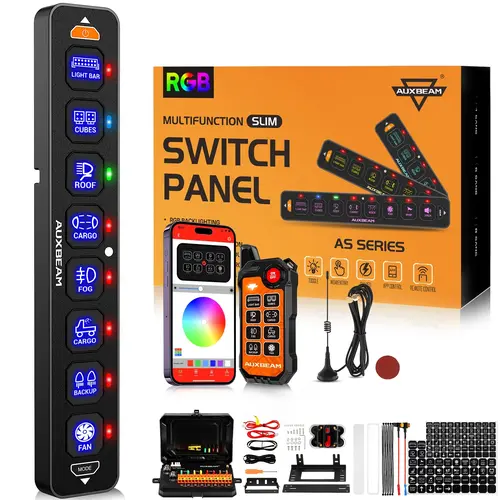 AUXBEAM 8 Gang Slim Bluetooth RGB AS-800 DIY Switch Panel with APP Remote Control, Group Setting,Toggle/Momentary/Pulsed Functions, Manual Backlit Off, Reverse Polarity Protection, 12-24V Waterproofing, 2 Button Batteries for Offroad Vehicles, TwoButton t