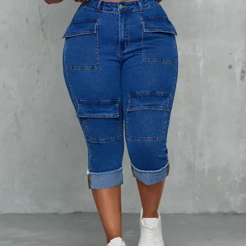 Plus Size Women's Stretch Jeans, Fitted Flattering Denim Pants with Utility Pockets, Casual Basic for Everyday Wear, All Seasons, Womenswear, Denim Clothing