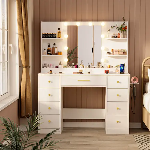 LAKEMID White Lighted Vanity Table with Adjustable LED Mirror - 3-Color Lights, Power Outlets, 9 Drawers, 6 Shelves for Bedroom Dressing Room - Dresser Organization, Drawers Makeup Vanities