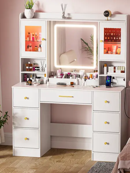 Vanity Desk with Mirror and Lights, with Power Outlet and LED Jewelry Cabinet Modern Capacity Makeup Vanity with 7 Drawers, Makeup Table for Bedroom,Makeup Room,White