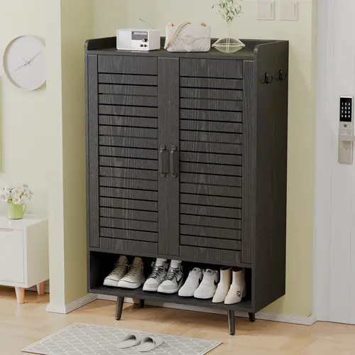 Freestanding Shoes Organizer - Black 50-in Tall MDF Wood Rectangular Entryway Shoe Storage Cabinet, Single Unit, 6-Tier Multi-Level Storage with Adjustable Shelves, Breathable Louvered Doors, Fits Boots Heels Sneakers, Quick Assembly & Support