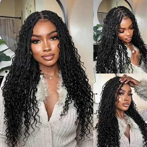 Ashimary Black Women's 26" Boho Knotless Box Braided Wig, Full Double Lace Frontal 360 Lace Blended Hair Wig with Braided Curls, 428