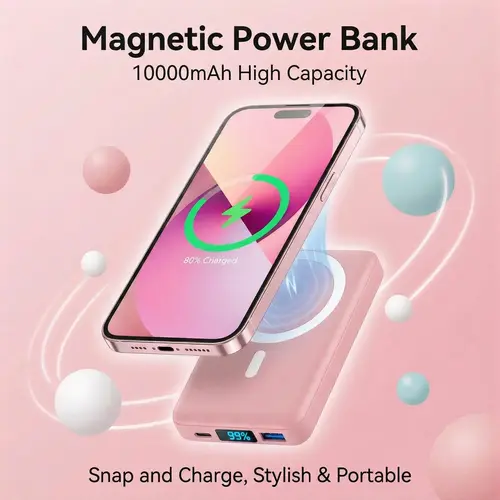 Podoru 10000mAh Magnetic MagSafe Portable Power Bank - Lightweight Mobile Charger with 15W Wireless, 22.5W PD Fast Instant Charging, 3-in-1 USB-C Accessory for iPhone 17/16/15/14/13/12 Series, Smartphone & Devices (Blush Pink, Ideal for Long Drives)