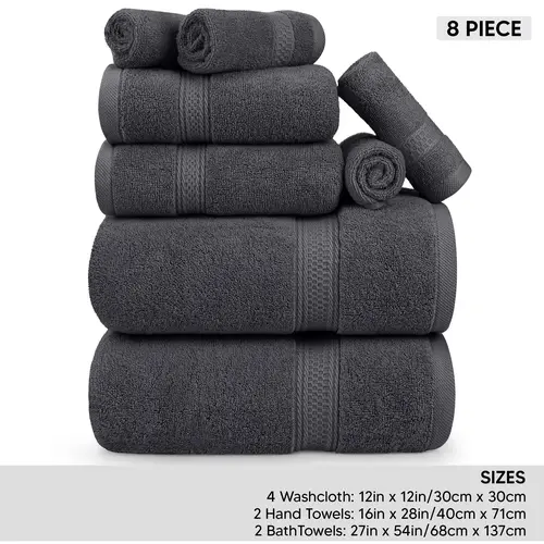 Utopia Towels Unisex 8-Piece Premium Towel Set - 2 Bath, 2 Hand, 4 Wash Cloths, 600 GSM 100% Ring Spun Cotton, Luxury Absorbent Hotel-Style, Double Stitched Hems Finish, for Bathroom, Gym, Leisure Spots (Grey), Towel Sets