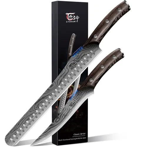 #sohochic SYOKAMI BBQ Carving Knives Set - Brisket Slicing & Boning Knives, Razor Sharp Japanese High Carbon Steel Carving Tool with Hollow Dimples, Wood Ergonomic Full Tang Handle for Precision Cut, Ideal Mother's Day Gift