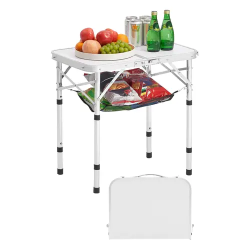 【Father's Day Gifts】VEVOR Folding Aluminum MDF Table - Adjustable Height, Locking Legs for Steady Meals, Mesh Layer, Carrying Handle, 24x16in Silver Lightweight Compact Outdoor Safe Table for BBQ, Picnic, Locking Legs Help Keep Meals Steady, Aluminum Tabl
