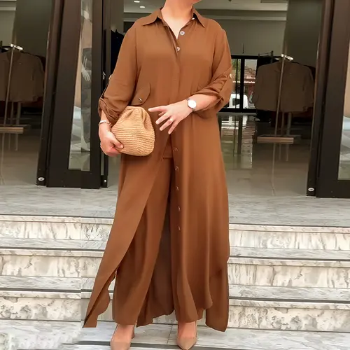 CHICME 2 Pieces Outfit Turn-down Collar Long Sleeve Longline Blouse with Pockets/Elastic Waist Longline Blouse and Pants Set and Casual Elastic Waist Wide Leg Pants Set