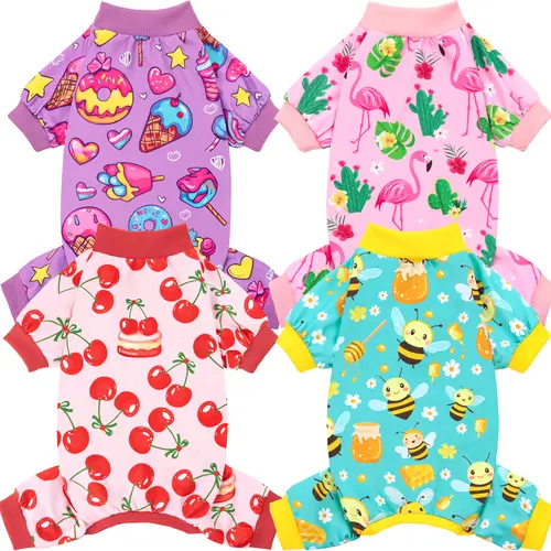 XPUDAC 4-Pack Cozy Fruit & Bee Print Pet Onesie - Soft Fabric, Elastic Ribbing, Spring-Summer Outfits for Small/Medium/Large Dogs & Cats, Ideal for Sleeping Animals Festive Christmas Halloween Gift