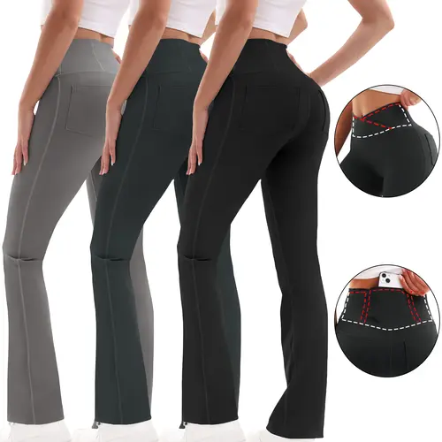 3PCS Women's Cross Waist Flared Leggings with Pockets Women's Flared Sweatpants Fitness Leggings Butt Lifting Fitness Yoga Leggings Track Pants Grey Sweatpants Women Streetwear Exercise Pants Activewear Outdoor   Dance Leggings