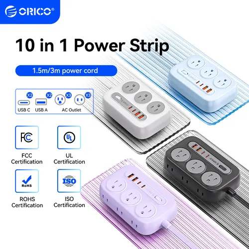 ORICO Power Strip, 10-in-1, 6 AC Outlets, 2 USB-A + 2 USB-C (20W Fast Charge), Surge Protection, 5-20ft Cord, for Home/Office/Travel, with 10-Year International Warranty-OG20, Multifunctional Power Strip, Usb Socket