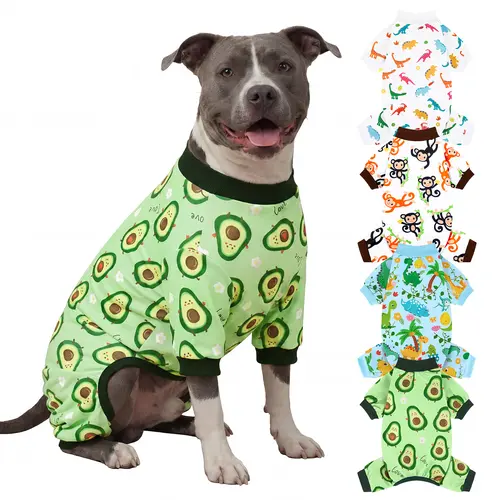 XPUDAC 4-Pack Breathable Fabric Dog & Cat Costume, Soft Universal-Fit Sleepwear with Playful Fruit & Monkey Dinosaur Prints, Skin-Safe Animals Apparel with Elastic Legs & Pull-On Ease for Summer,Festive Christmas Halloween Gift