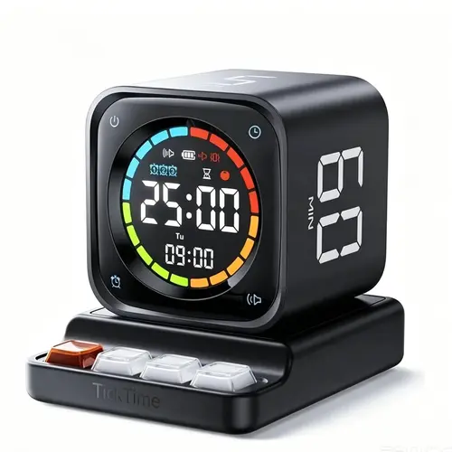 TICKTIME TK3 Pomodoro Timer Cube - Digital Adjustable Timer, Desk Productivity Tool with 5/10/30/60 Min Preset Times, Custom Countdown, Stopwatch, Clock, 3 Alarms, Silent/Vibrate/Sound Alerts for ADHD Study, Kitchen (Black)