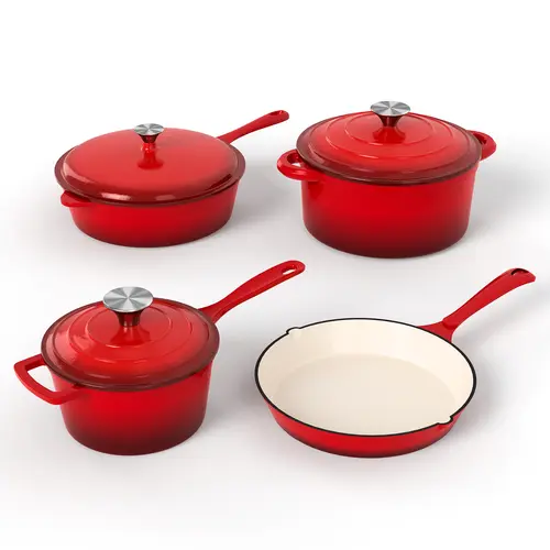 [Live] Kitchen Academy Enamel Cast Iron 7 Piece Cookware Set, Dutch Oven Pot with Lid, Red Non Stick Pots and Pans set, Oven Safe up to 500°F Cooking