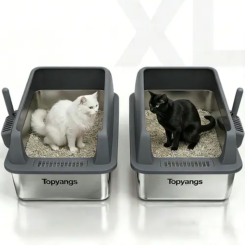 Topyangs 2-Pack Large Stainless Steel Cat Litter Box - Durable Construction, High Sides for Mess & Odor Control, Spacious and Cozy, Free Scoop for Multi-Cat Homes, Litter Box Enclosure