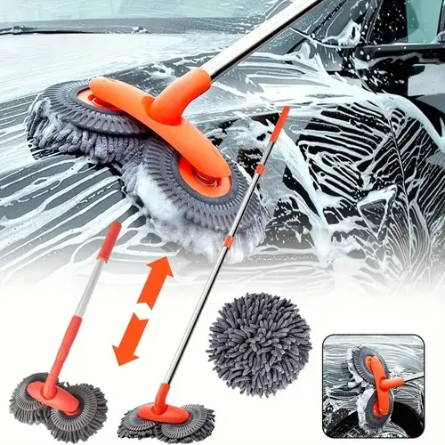 43'' Long Handle Car Wash Mop Brush, 360° Rotating, Detail Cleaning, 3X Fast Clean, Retractable Aluminum Alloy pole (durable)，soft chenille Material，Avoid Scratching，Suitable for Car, RV, Truck, SUV and Home Clean - Car Wash Accessories! Labor Day gifts