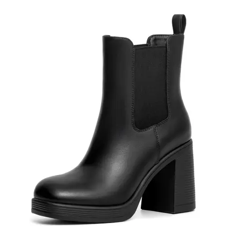 Athlefit Women's Chelsea Platform Boots High Chunky Heel Square Toe Boots Fashion Slip On Elastic Heeled Ankle Booties mid calf Platformboots Taupe