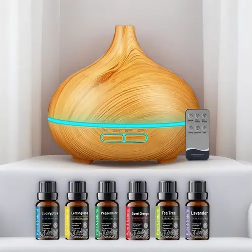 550ml Ultrasonic Aromatherapy Essential Oil Diffuser & Air Humidifier with Wood Grain Design, Remote Control, 7 Color LED Light, and 6 Oils – Perfect Aroma Diffuser and Air Purifier for Home Use