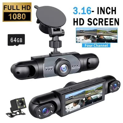 WHATOOK 4-Channel Car Camera（Not wireless) , Dash Cam with Memory Card, Screen for Front, Rear, Left and Right Coverage, Dashcam For Cars, Safe Driving Camera