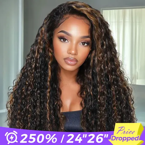 [Wear Go Half Wig] OQ HAIR 1B/30 Black With Golden Brown Highlight Color Water Wave 3 In 1 Half Wig Invisible Hairline With Drawstring Seamless Flip Over Glueless Wig Human Hair #SohoChic #TikTokShopBackToSchool