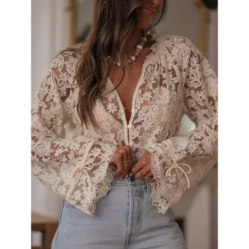Women's Sheer Floral Lace V Neck Blouse Long Bell Sleeve Tie Cuff Button Down Semi Sheer Cropped Shirts Elegant Casual Party Going Out Tops