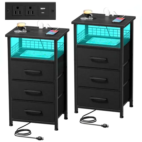 LED Nightstands Set of 2 with Charging Station – 3-Drawer Bedside Table with USB Ports & Outlets for Bedroom, Living Room or Office