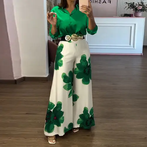 CHICME 2 Pieces Outfit Long Sleeve Satin Blouse and Casual Wedding Guest Floral Print High Waist Wide Leg Pants Wedding Set/High-Waisted Lounge Outfit/ Satin Blouse and Pants Set（Without Belt Flowy