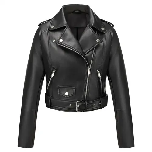 Women's Lady Spring Jacket Vintage Street Fashion Outerwear PU Coat, Fall Winter Basic Casual Long Sleeve Faux Leather Stand Collar Zipper Short Fitted Motorcycle Jacket with Belt