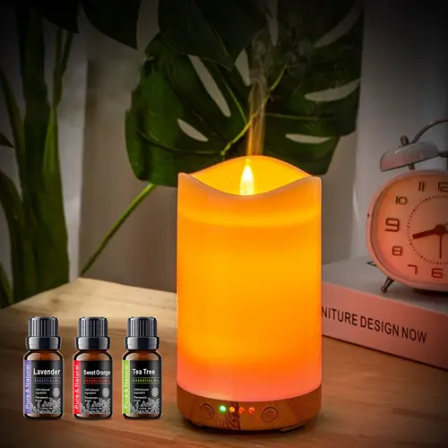 Aromatherapy Desktop Humidifier - Candle Design, Auto Timer, 7-Color LED Color-Changing Lit, Fragrance Machine, Colorful LED Scented Oil Diffuser with 3 Essential Oils for Relaxation