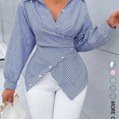 Women's Striped Print Button Front Shirt, Button Closure Shirt, Asymmetrical Shirts, Asymmetrical Hem ,Wrap Blouse,Fall Outfits,Long Sleeve,Winter Clothing,Elegant,Chic,Daily Commuting,Going Our,Casual, Top