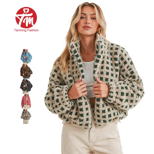 Tanming Women's Casual Plaid Sherpa Fleece Coat, Long Sleeve Fluffy Collared Zip-Up Jacket with Adjustable Drawstring Hem, Coats, Longsleeves, Adjustable Women's Casual Jackets, Thanksgiving, Easter, Relaxed Fit, Drop Shoulder, Collared Neck, Checkered, L