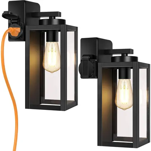 2-Pack Porch Lights Outdoor with UL Certified Outlet, Modern Outdoor Wall Lights Exterior Lighting Fixtures Waterproof, Exterior Wall Sconces Outside Lights for House Front Door Garage