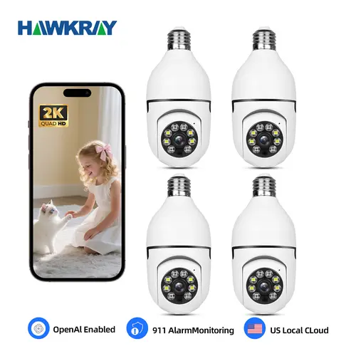 Hawkray Bulb Camera AI Intelligent Surveillance 911 Alarm Surveillance, Day and Night Full Color Two-Way Voice Intercom Protect Property Security Surveillance Security Camera Home Camera Installation Cord Socket 1Pc 4Pc