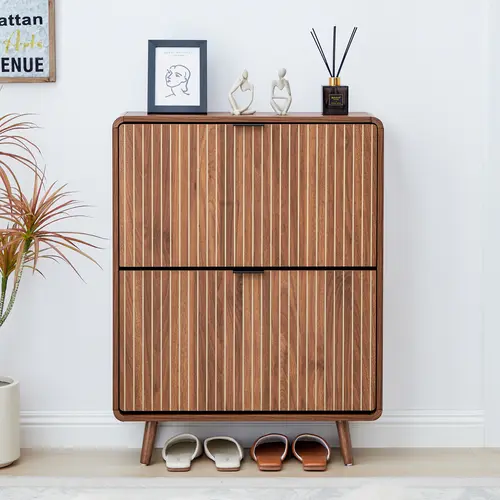 FurSch Modern Mid-Century Wooden Shoe Cabinet, Fluted Design with 2 or 3 Drawers, Stylish Storage Organizer for Entryway, Hallway, or Living Room