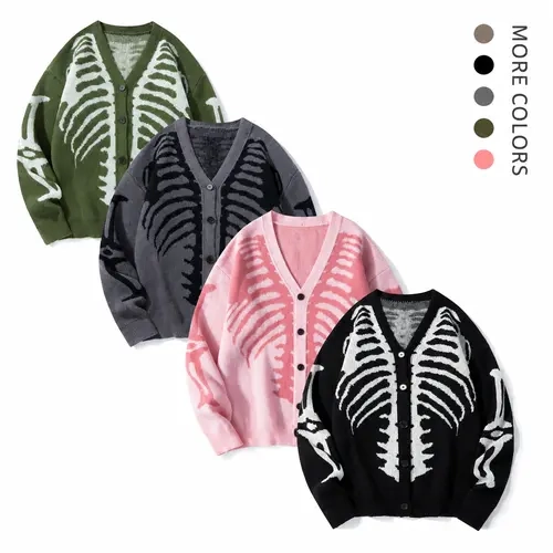 Men's Long Regular Skeleton Print Knit Cardigan - V-Neck Drop-Shoulder Button-Front Baggy Sweater for Casual Daily Wear, Fall Halloween Clothes