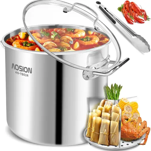 24 Quart Stainless Steel Stock Pot With Lid, 3-IN-1 Heavy Duty Tamale Steamer Pot with Visible Lid for Pasta, Soup,Large Pot for Cooking with Steam Rack,Dishwasher & Oven Safe Cookware Glass