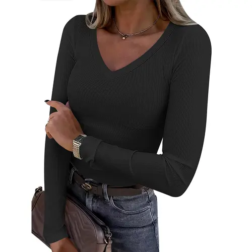 ANRABESS Long Sleeve Shirts for Women V Neck Ribbed Knit Slim Fall Basic Tshirts Going Out Tops 2026 Casual Trendy Clothes Fit Womenswear