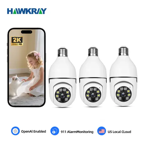 Hawkray Light Bulb Wifi Monitoring Camera - AI Intelligent Wireless Security Camera with 911 Alarm, Day & Night Full Color, 2-Way Voice Intercom, Socket Installation for Home Protection, Light Bulb Camera
