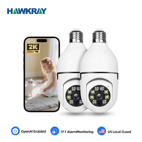 Hawkray Socket Powered Wireless Security Bulb Camera - 0.25kg Smart Home Gadget, AI Intelligent Surveillance, 911 Alarm, Day & Night Full Color, 2-Way Voice Intercom, Motion Sensor, Tracking Function, QR Code Setup (1Pc/2Pc), Wireless Security Cameras, In