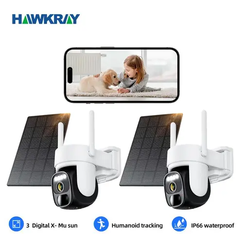 Hawkray 2PC 360 Rotatable Solar Surveillance Camera - 2K FHD WiFi IP CCTV Home Monitoring Camera, Spotlight PIR Motion Detection, Color Night Vision, 2-Way Talk, IP66 Waterproof, Flash Light, Wireless, Micro SD Card, Remote Access