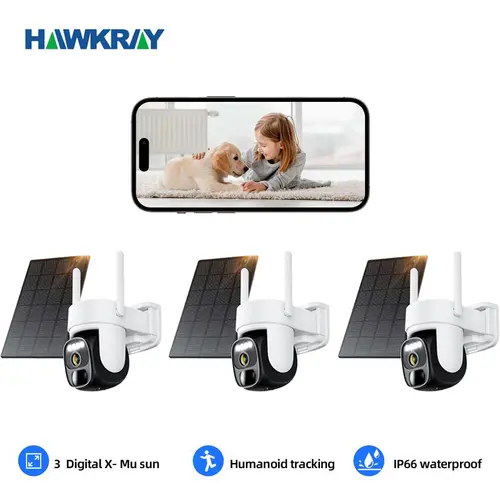 Hawkray Portable 360 Solar Security Camera System, 2K FHD Surveillance WiFi CCTV IP Cam - Spotlight, PIR Motion Detection, Color Night Vision, 2-Way Talk, IP66 Waterproof, Flash Light, Wireless (3PC, Card, Remote)