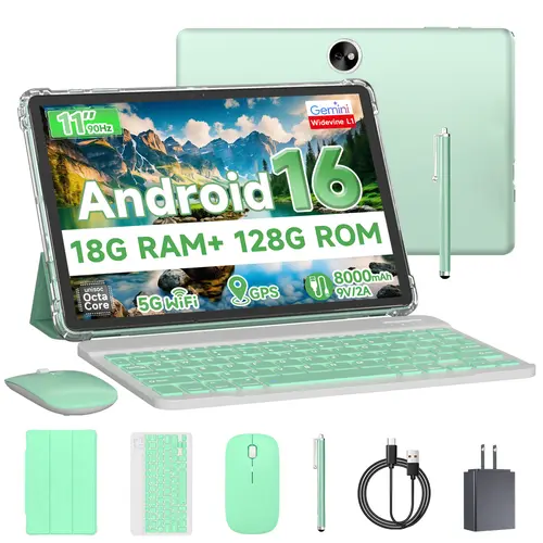 【tiktokshopbacktoschool】11-inch Ultra-Thin Android 16 Tablet 4GB physical RAM, 128GB ROM (1TB Expandable Max), Octa-Core, Dual Cameras 5MP+13MP, 8000mAh Battery, All-in-One with Keyboard, Mouse, Stylus, Case & Cable — Perfect for Work, Study & Gaming