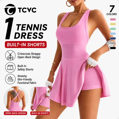 TCVC Sporty Women's Plain Square Neck Sport Dress Knitting,Sleeveless Skorts for Golf Tennis Running Ladies Activewear Indoor Outdoor Wear Tennis Attire，Suitable for Spring & Summer Wear