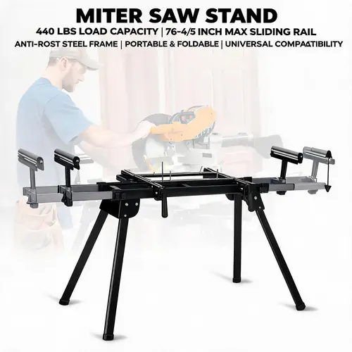 GARVEE 440 lbs Capacity Miter Saw Stand (Tools) - Universal Folding, 76.8 in Max Rail Length, Portable Steel Table with Height-Adjustable Roller Supports, Repeat Cutting End Stops, 27 lbs, Anti-Rust Coat, Steel Frame